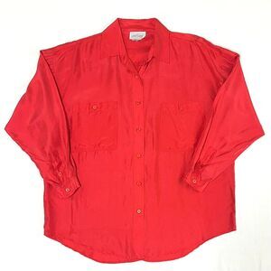 VTG 90s Croquet Club‎ 100% Silk Red Button Up Blouse Sz M Retro Closet Staple